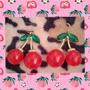🌸3/$10-Cherry Drop Earrings with Green Leaves